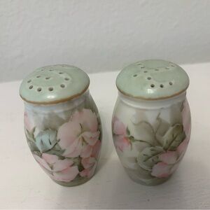 Vintage Handpainted floral pink with green top salt pepper shakers signed
